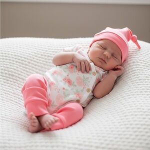 Nwt Baby Girls 3-6 months Bodysuit set little & loved Rose Print pants cap snap